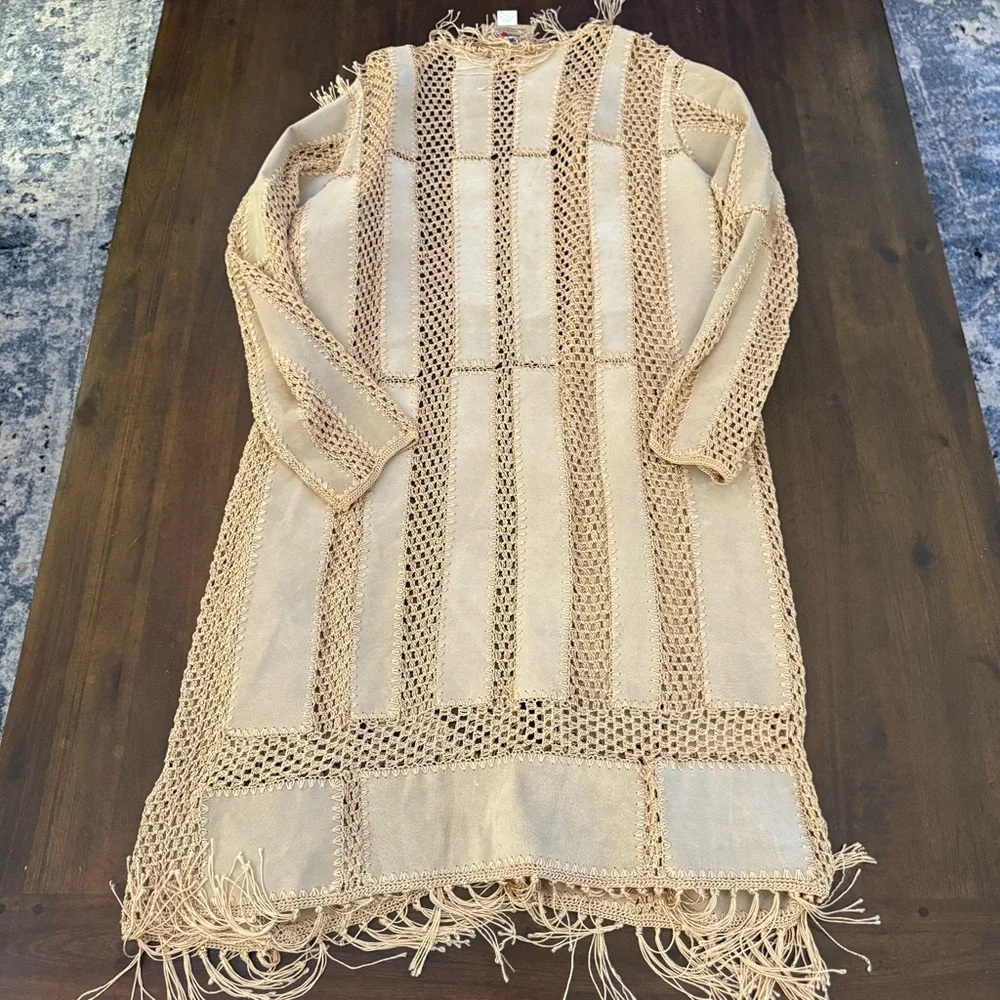 Don’t Mess with Texas Fringe Beige Crochet‎ Cardigan Coat